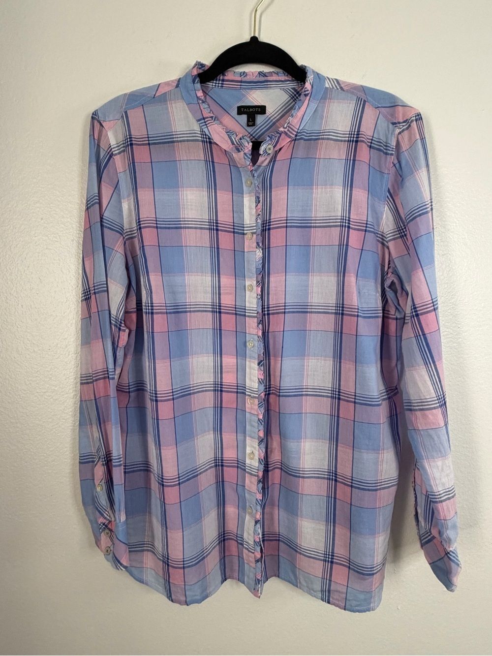 Talbots Blouse Blue Pink Plaid Ruffle Trim Size Large Button Front Lightweight